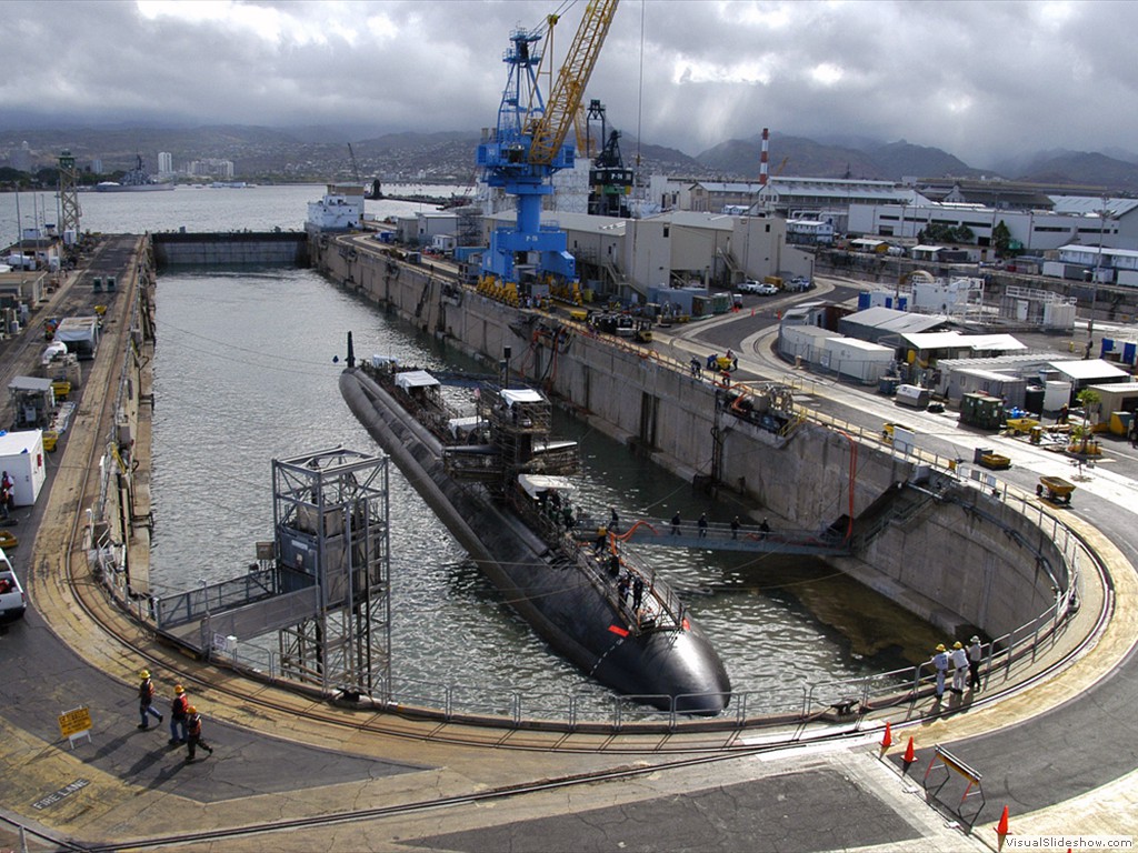 USS Buffalo (SSN-715) undocks from Dry Dock 2 at Pearl Harbor Naval Shipyard