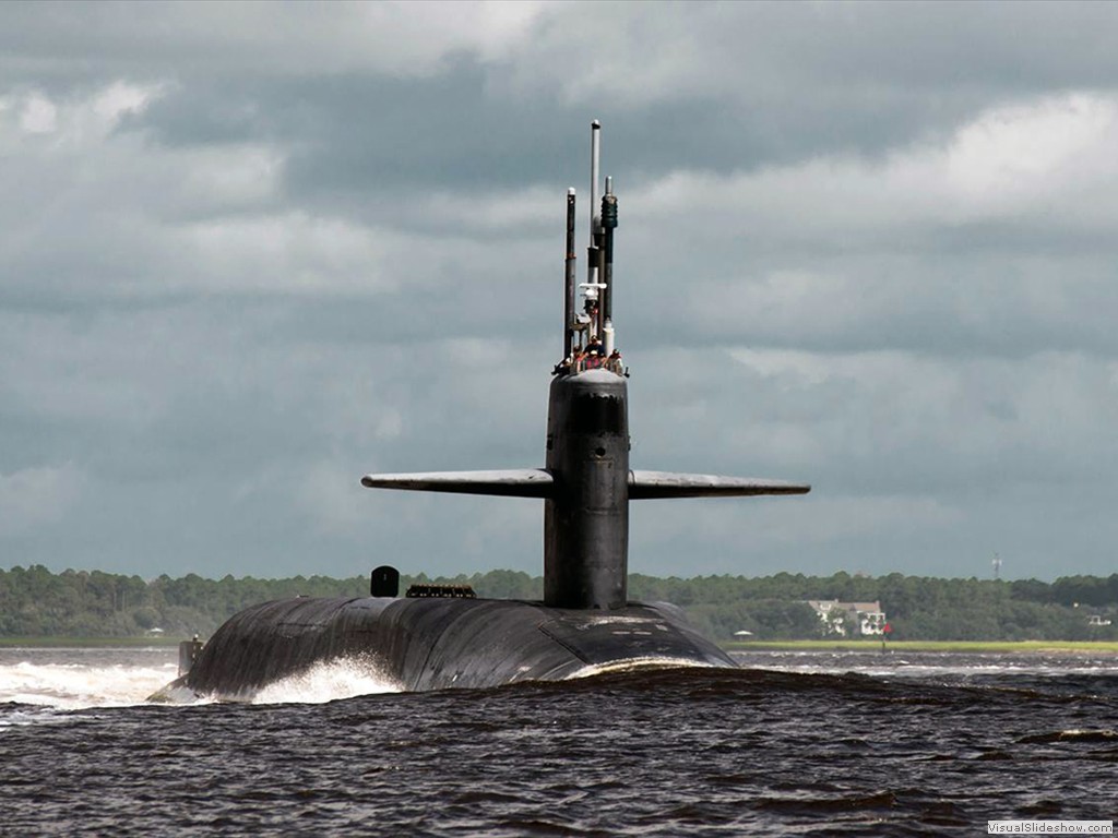 USS Florida (SSGN-728) leaving Kings Bay, GA, during 2013.